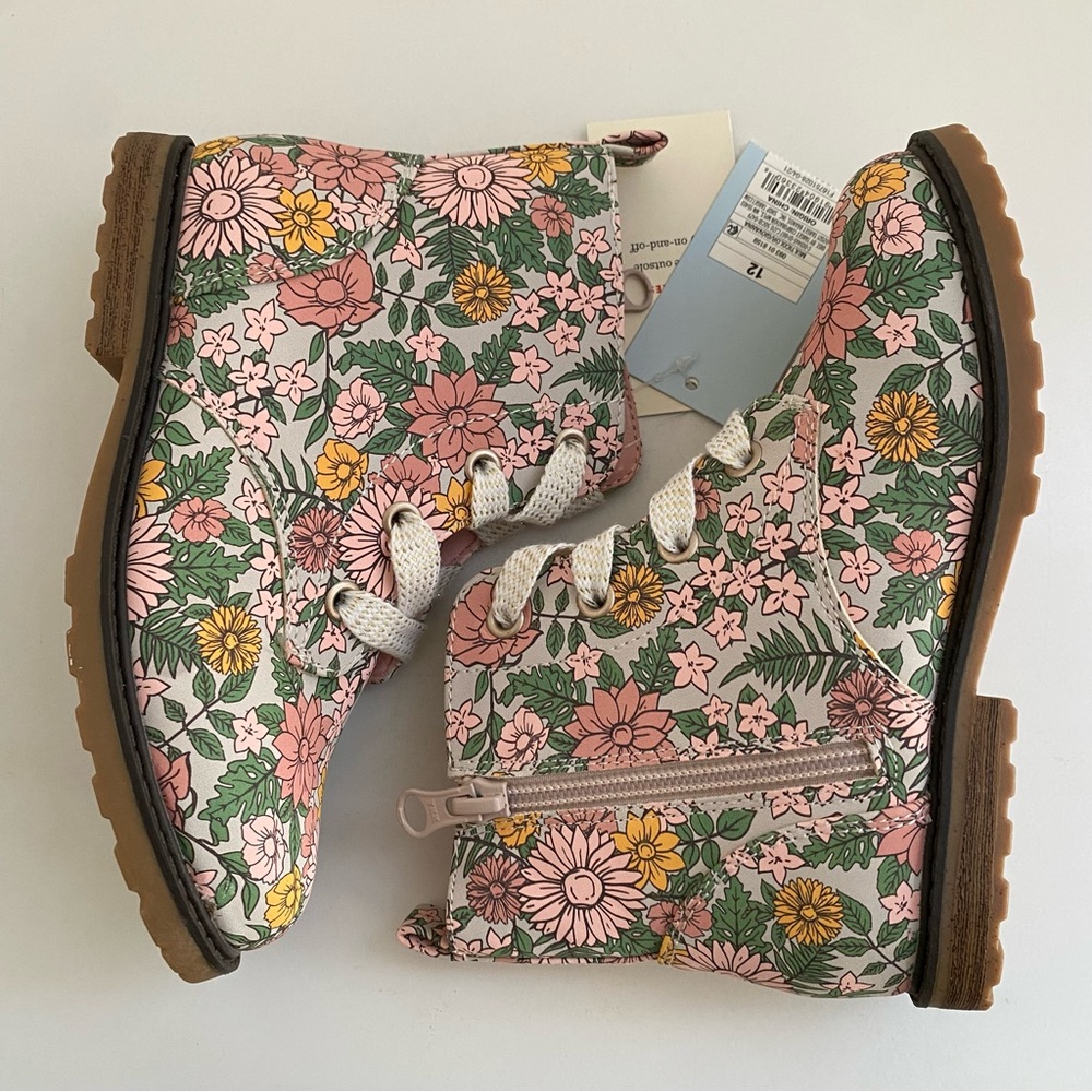 Cat & Jack Girl’s Floral Size 12 Boots Giovanna Lace Up & Zip NEW